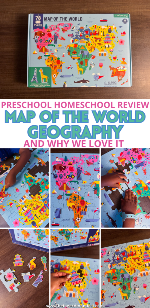 Preschool homeschool review collage featuring the Mudpuppy Map of the World Geography Puzzle, children assembling the puzzle, removable landmark pieces, and the completed world map.