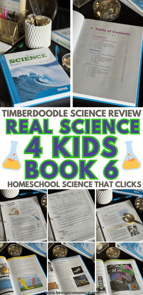 A collage of images showcasing 'Real Science 4 Kids Book 6' curriculum, including its cover, table of contents, and pages with engaging diagrams and text, designed for homeschool education.