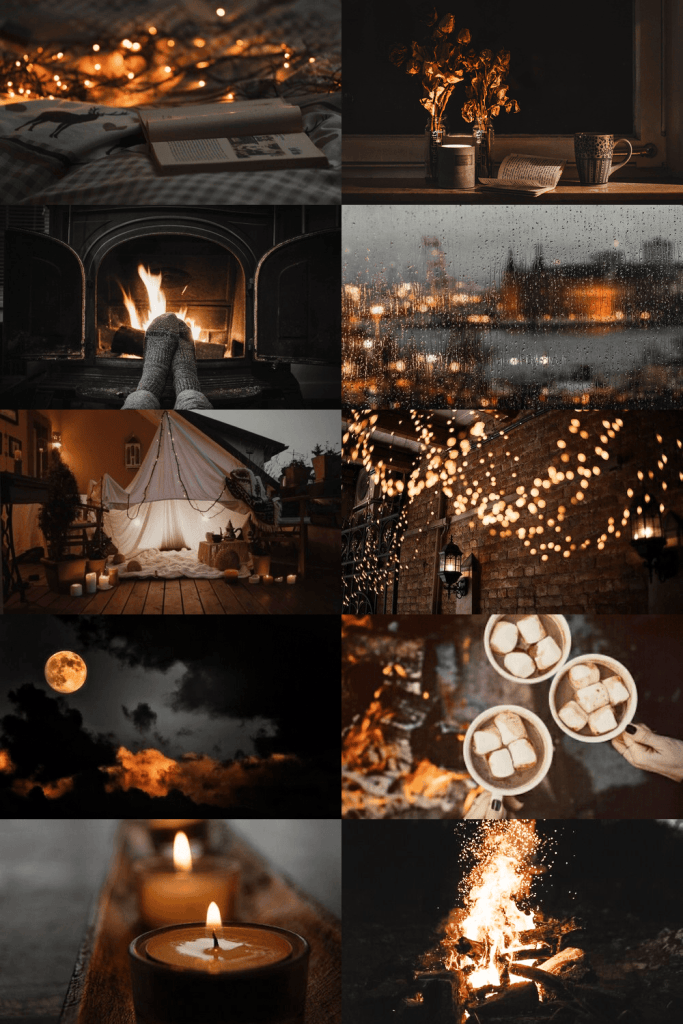 A cozy collage of fall-themed images including warm lights, candles, a fireplace, and comforting drinks, evoking a sense of autumn warmth and comfort.