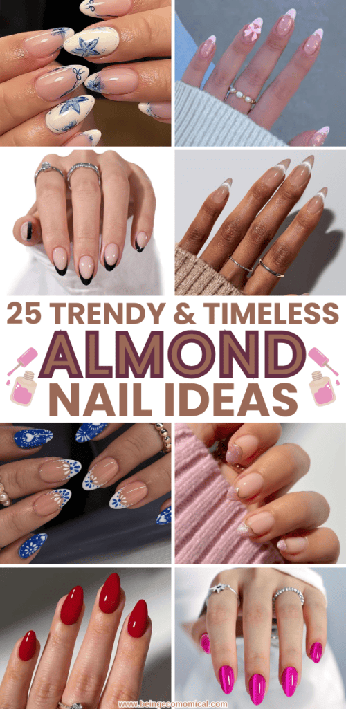 A collage of various almond-shaped nail designs featuring floral patterns, solid colors, and elegant embellishments, showcasing a range of trendy and timeless styles.