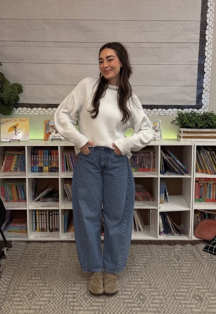 casual teacher outfit with white sweater and wide leg jeans