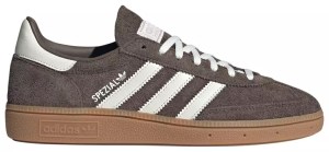 Brown suede Adidas Spezial sneakers with white stripes and gum sole.