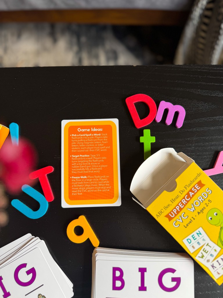 Game ideas included with ABC See, Hear, Do flashcards for hands-on kindergarten phonics practice