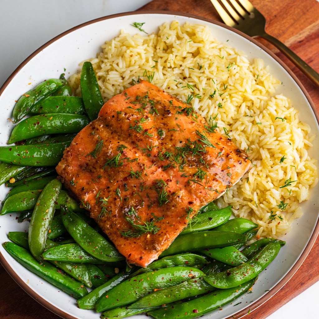 Miso honey mustard salmon with roasted vegetables on a sheet pan