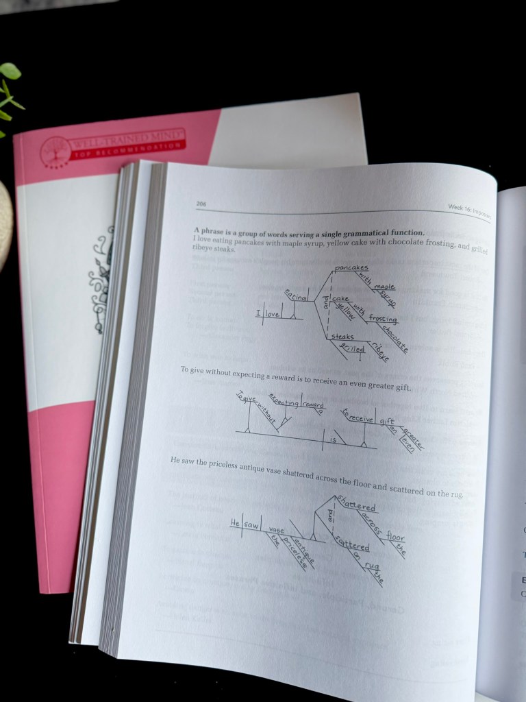 A close-up view of an open educational book showing grammatical structures and examples, with handwritten annotations on phrases and their components. The page includes diagrams depicting relationships between words in phrases.