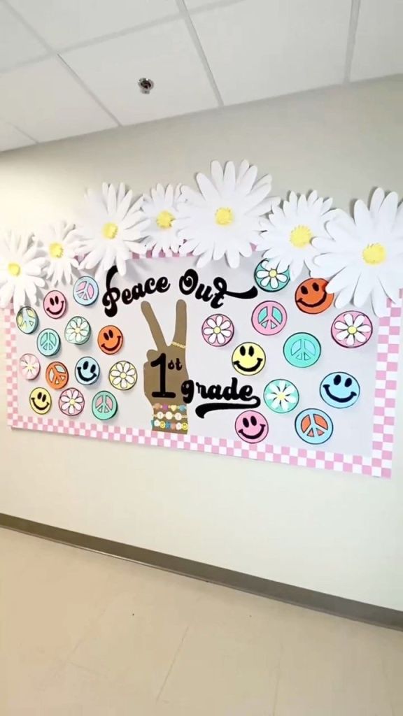 peace out school year bulletin board classroom retro smiley theme display