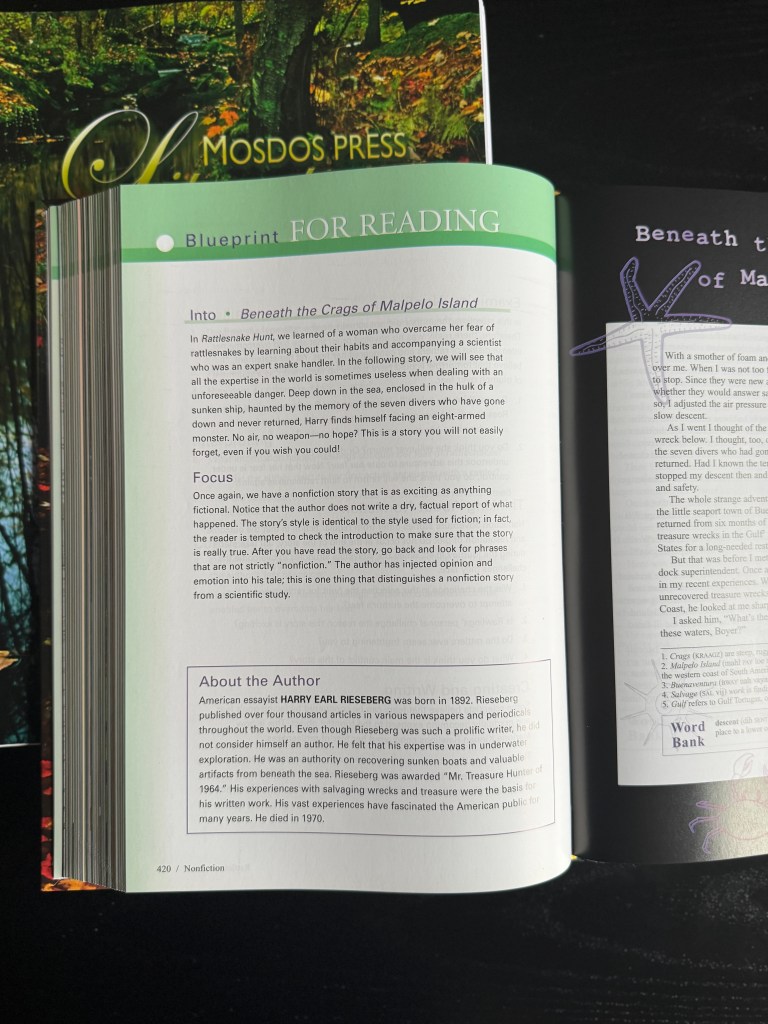 Page from Mosdos Press Literature curriculum showing the 'Blueprint for Reading' section and a nonfiction story about Malpelo Island.