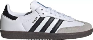 A pair of white Adidas Samba sneakers featuring black stripes and a grey toe cap, showcasing a classic athletic design.