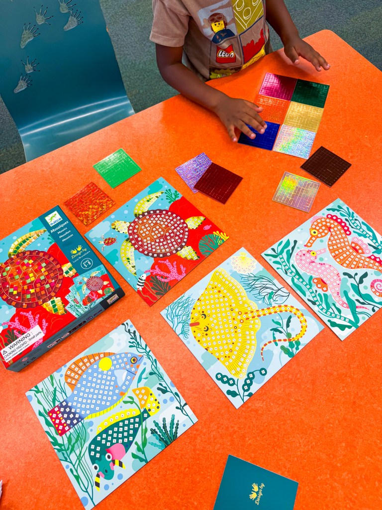 Hands-on kindergarten mosaic activity featuring turtle, stingray, seahorse, and fish designs.