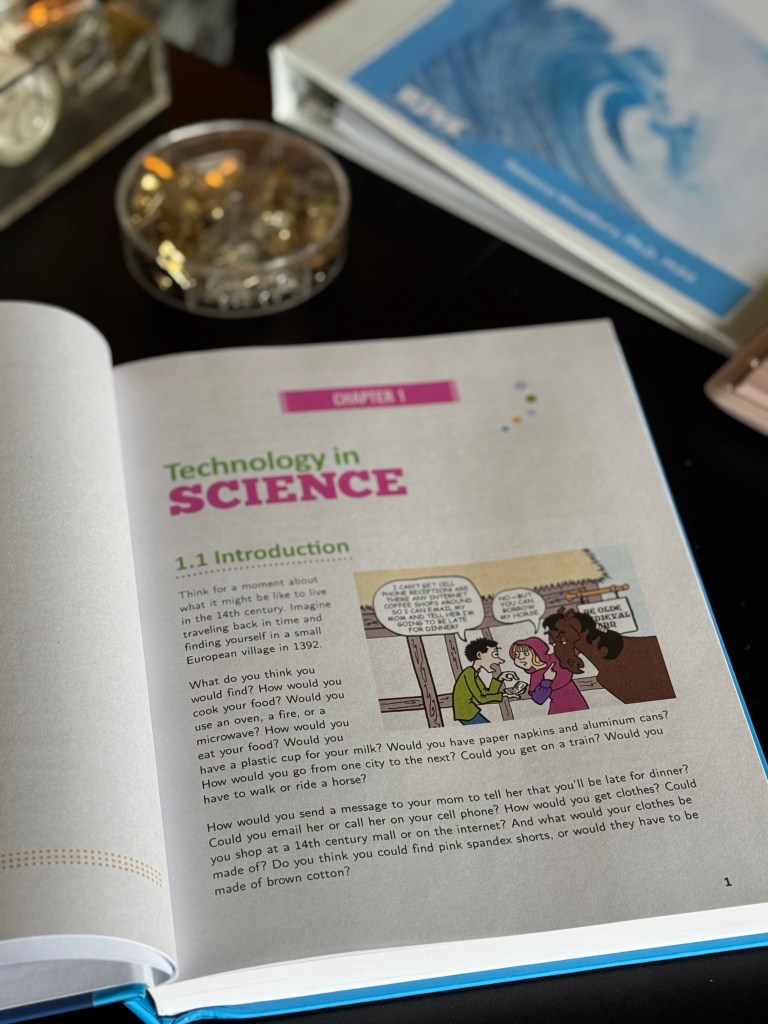 Open textbook page titled 'Technology in Science' with colorful illustrations and a comic strip discussing historical technology.