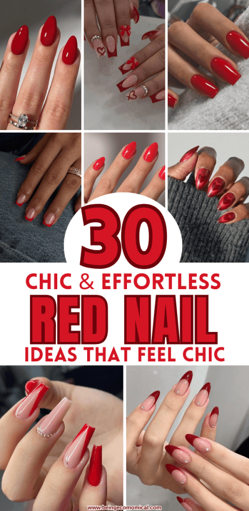 Collage of various red nail designs featuring different styles, shapes, and nail art accents.