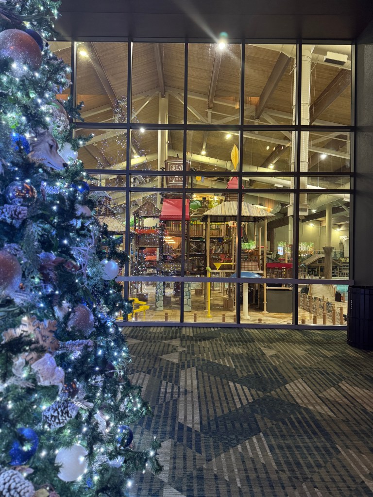 View of Great Wolf Lodge indoor water park features through large windows, decorated Christmas tree in the foreground.