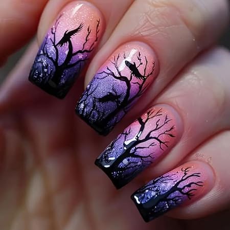Nails featuring a gradient design from pink to purple, adorned with eerie black trees and crows, creating a spooky Halloween look.