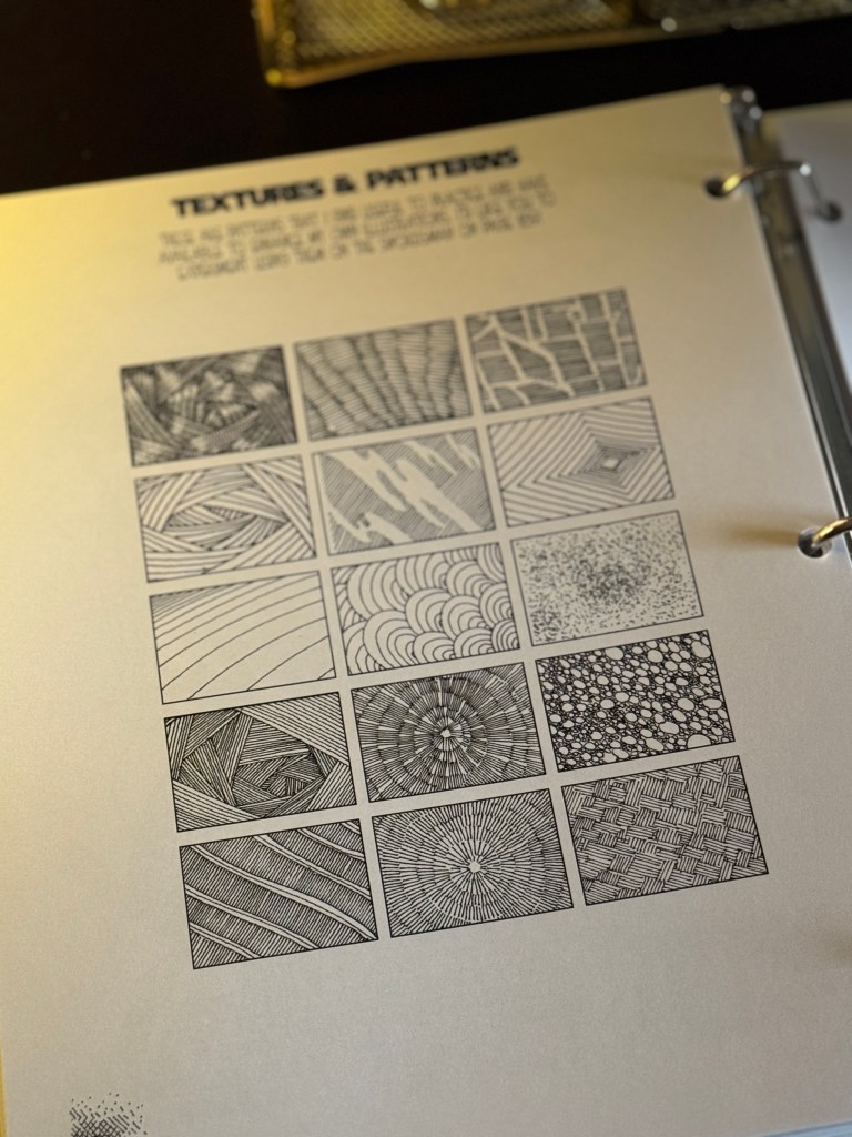 A page from the 'Simply Draw with Bob Parsons' curriculum, showing various textures and patterns for drawing practice, organized in a grid format.