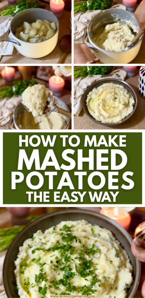 Step-by-step images showing the process of making mashed potatoes, including peeling, boiling, mashing, and garnishing with herbs.