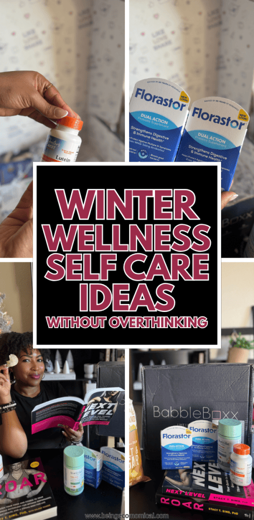 A collage featuring wellness supplements and books. The top left shows a hand holding Lutein capsules, top right displays two boxes of Florastor probiotics. The bottom left features a woman holding a chip while reading a book, and the bottom right showcases a collection of wellness products including the BabbleBoxx.