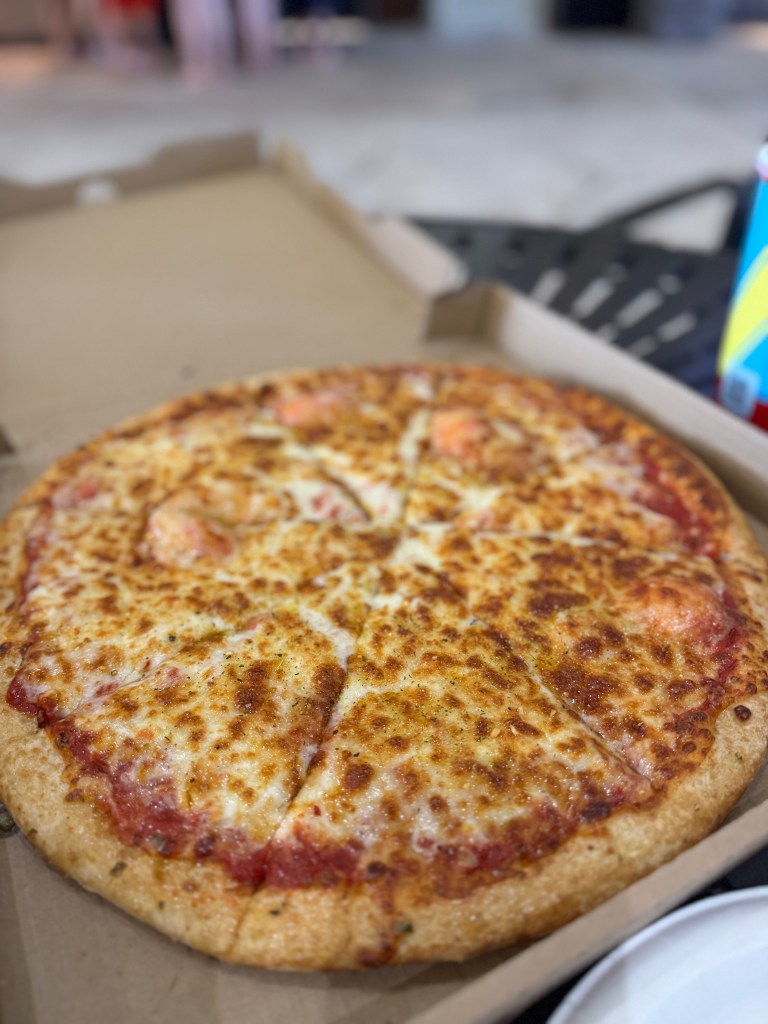 A freshly baked cheese pizza in a takeout box, with a golden crust and melted cheese, perfect for a family meal at Great Wolf Lodge.