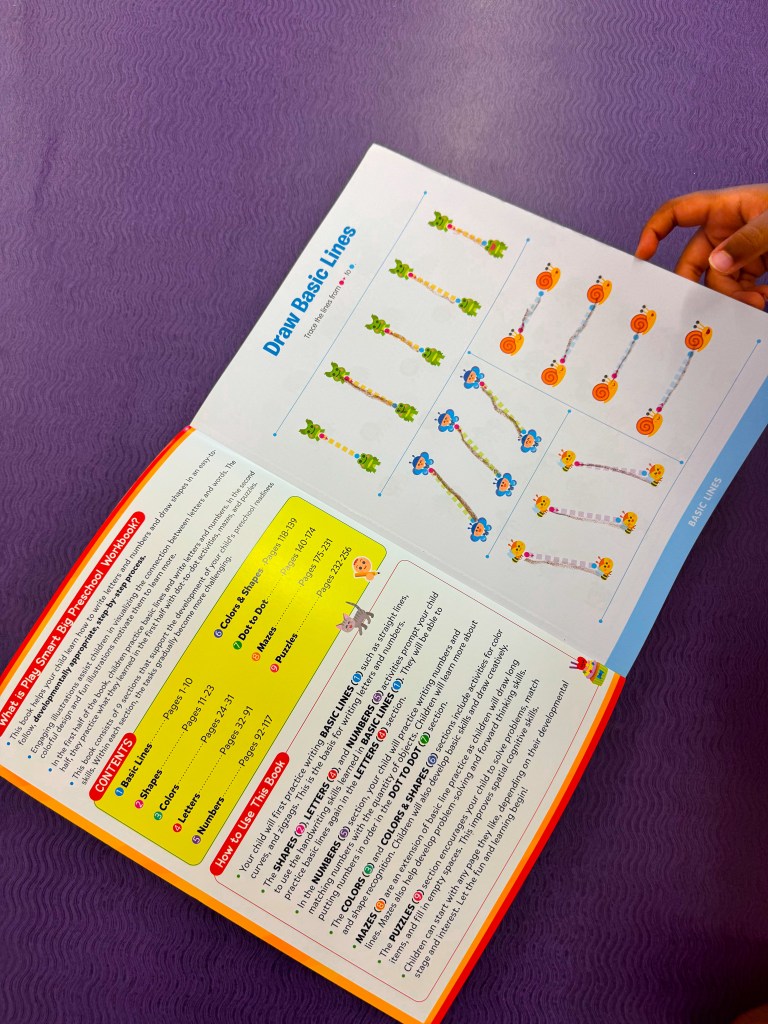 A partially opened colorful workbook page showing instructions for drawing basic lines, with examples of illustrated figures such as flowers and frogs. The page also includes a contents section and usage instructions.