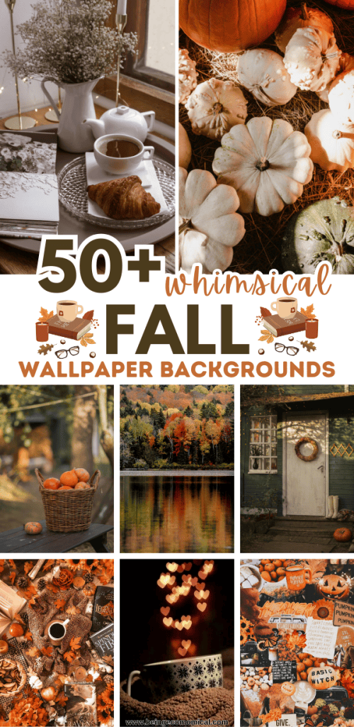 A collage of whimsical fall wallpaper backgrounds featuring cozy elements like coffee, pumpkins, and autumn foliage. The design includes text indicating '50+ Whimsical Fall Wallpaper Backgrounds' and showcases various seasonal themes.