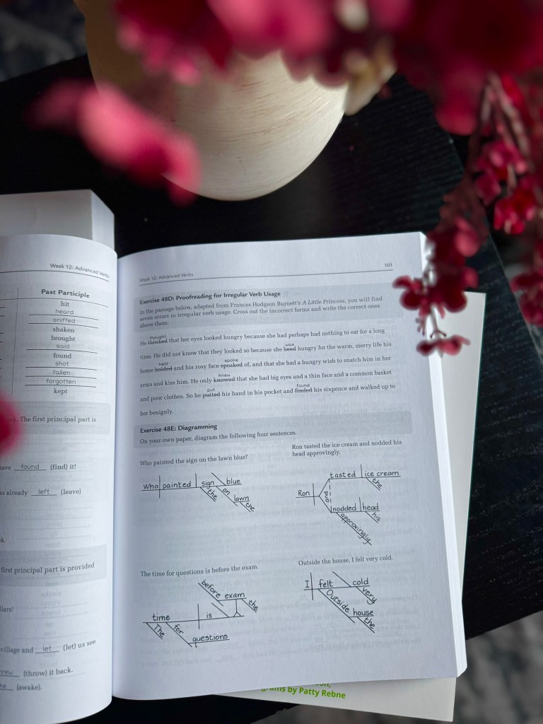 An open workbook page featuring exercises on proofreading for irregular verb usage and diagramming sentences, with handwritten notes and corrections visible.