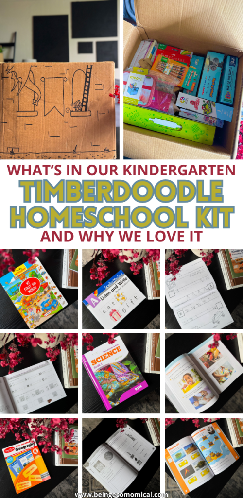 Pinterest graphic for a Timberdoodle Kindergarten Homeschool Kit review and unboxing featuring the curriculum box, science, geography, handwriting and early learning resources.