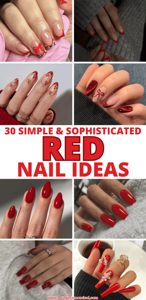 A collage of nail designs featuring various styles and shades of red nail polish, including simple and elegant ideas.