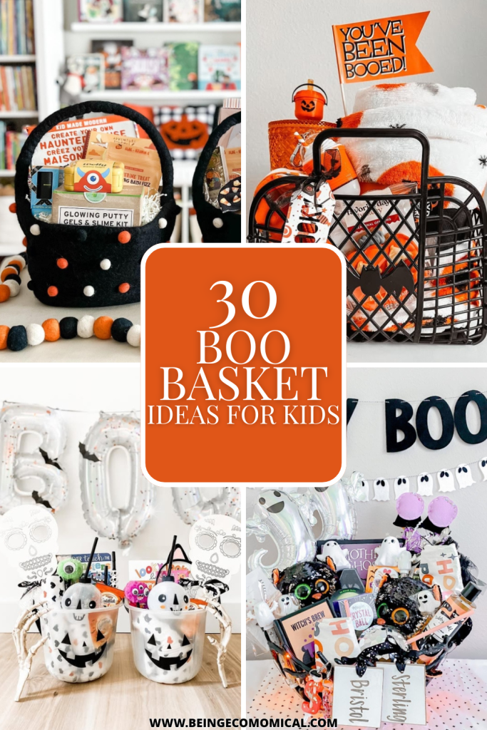 A collage of festive boo baskets featuring Halloween treats, decorations, and fun accessories, with a bold title '30 Boo Basket Ideas for Kids' in the center.