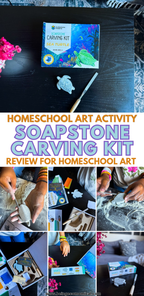 Pinterest graphic featuring the StudioStone Sea Turtle Soapstone Carving Kit review, with a carved turtle sculpture, carving tools, and a child working on a hands-on art activity for kids in third grade and up.