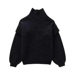 A cozy black turtleneck sweater with balloon sleeves, featuring a V-neck design and ribbed detailing.
