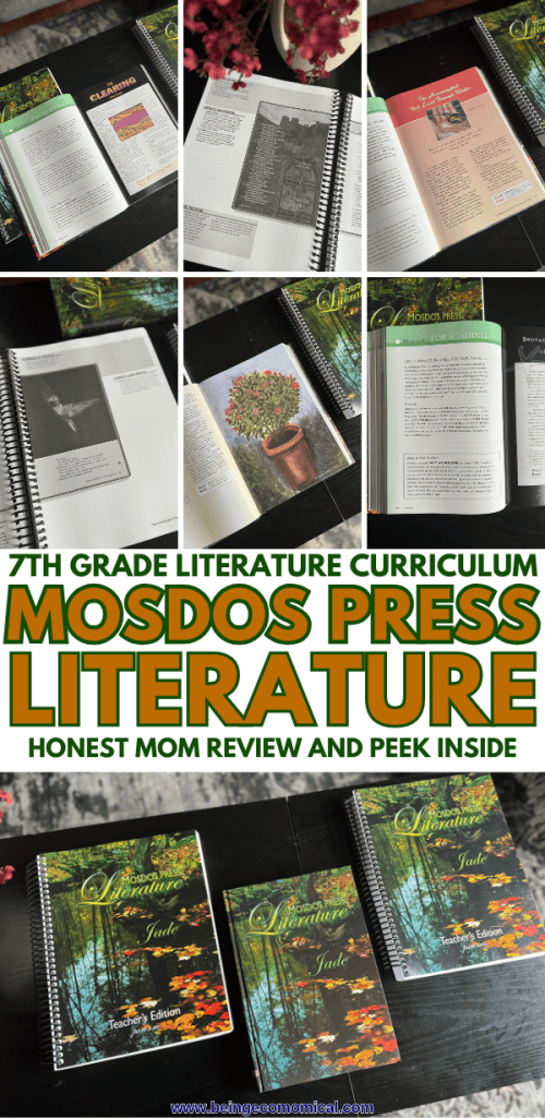 A collage of the Mosdos Press Literature curriculum for 7th grade, featuring its cover, colorful pages, and a review layout, set on a table with plants in the background.