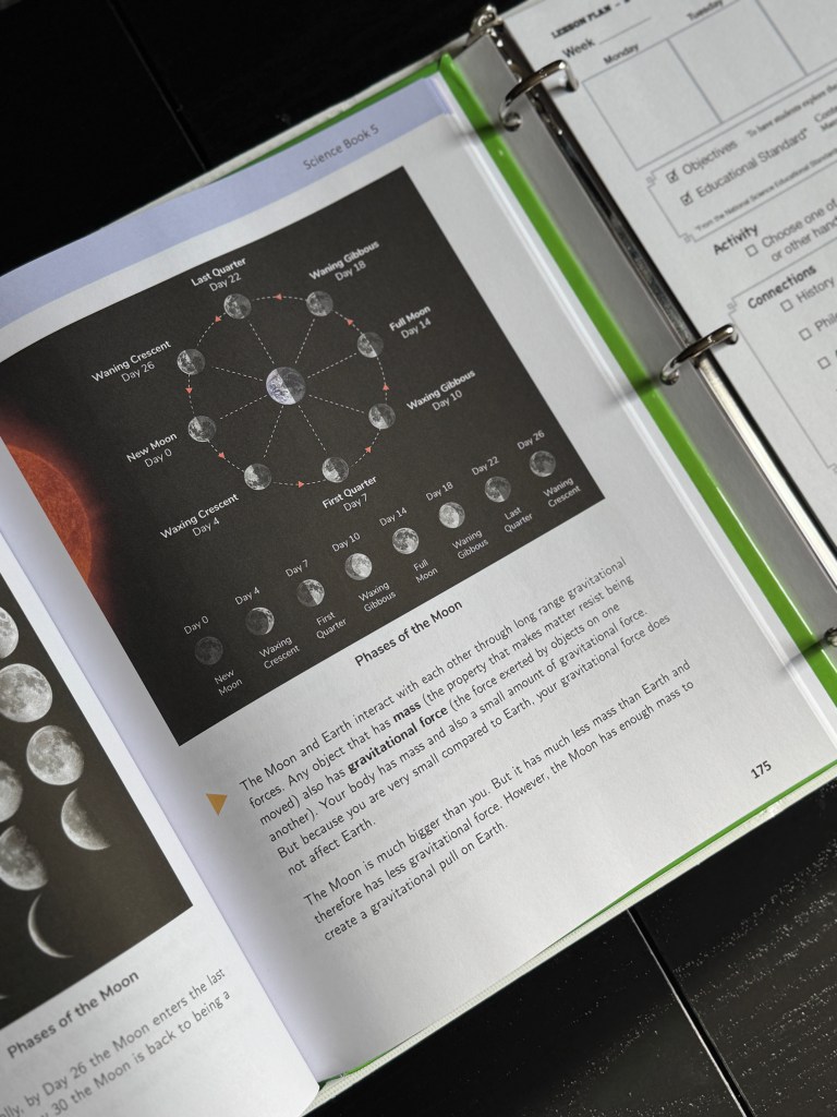 A page from a science book displaying a diagram of the phases of the moon, including labeled illustrations of the moon's appearance on different days, along with descriptions of gravitational force.