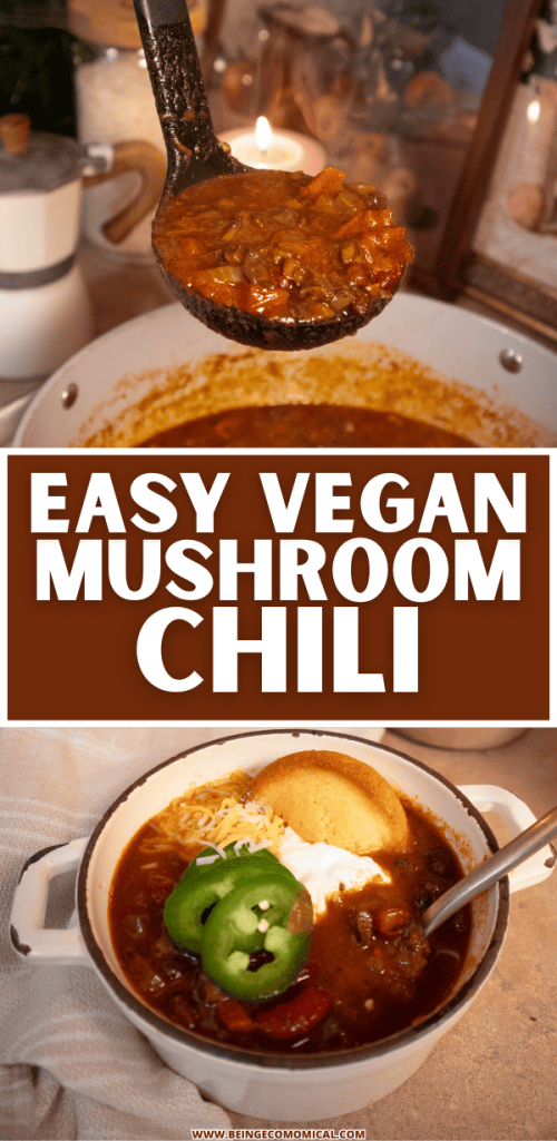 A ladle serving easy vegan mushroom chili from a pot, with the dish displayed in a bowl garnished with jalapeños, cheese, and sour cream.