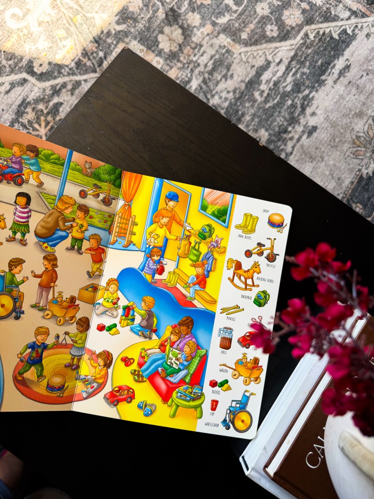 Kindergarten homeschool vocabulary book with colorful Wimmelbook scene