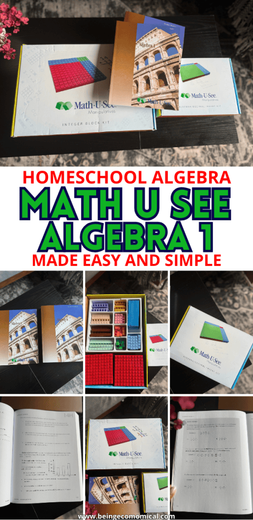 A Math-U-See Algebra 1 kit displayed on a table, including the Integer Block Kit, student workbooks, and instructor guides, showcasing a clean, organized setup for homeschooling.
