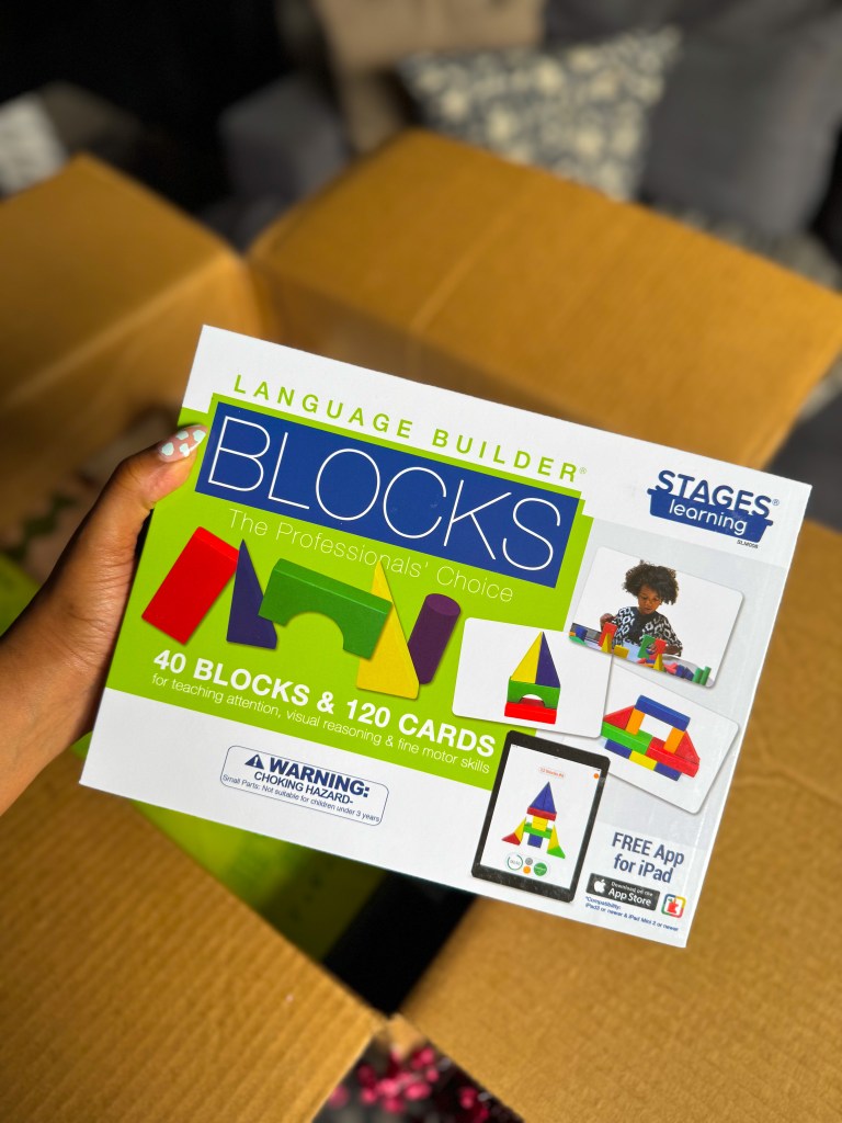 Language Builder Blocks set with blocks and activity cards for visual reasoning and fine motor practice.
