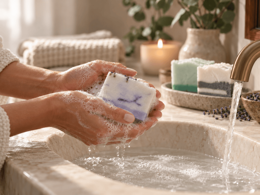 Hands with soft neutral nail polish lathering a lavender jasmine shea butter soap bar at a bathroom sink in a warm, spa-like setting.