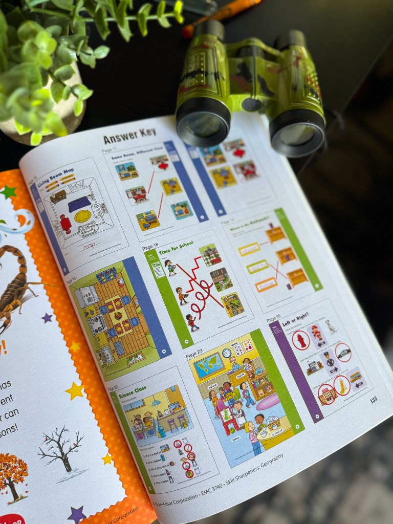 Answer key for map skills and positional word activities in Skill Sharpeners Geography