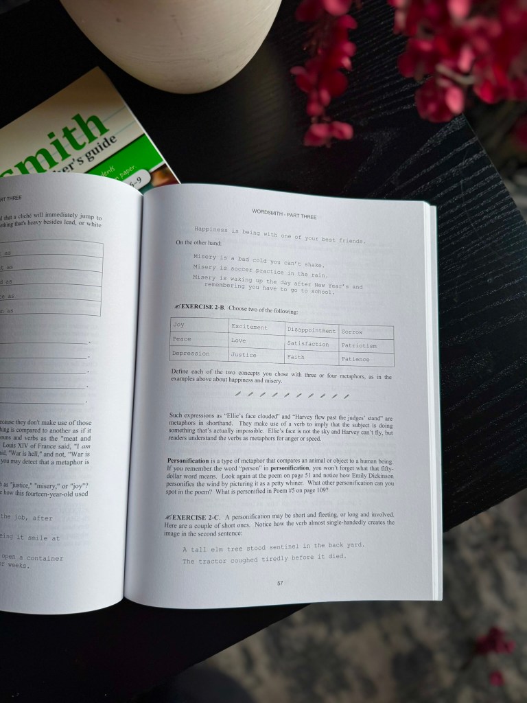 An open book displaying text related to writing exercises, including sections on happiness and misery, and personification, placed on a dark table with pink flower branches in the background.