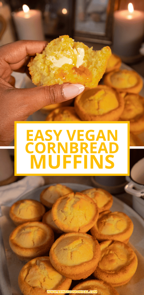 Hand holding a piece of cornbread muffin with a pat of butter, surrounded by a plate of cornbread muffins and candles in the background.
