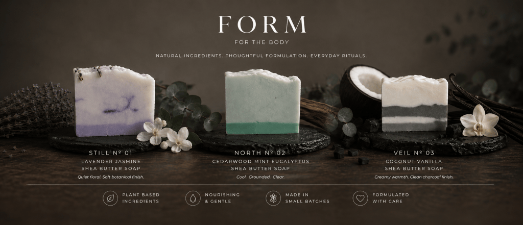 Three FORM shea butter soap bars featuring lavender jasmine, cedarwood mint eucalyptus, and coconut vanilla scents.