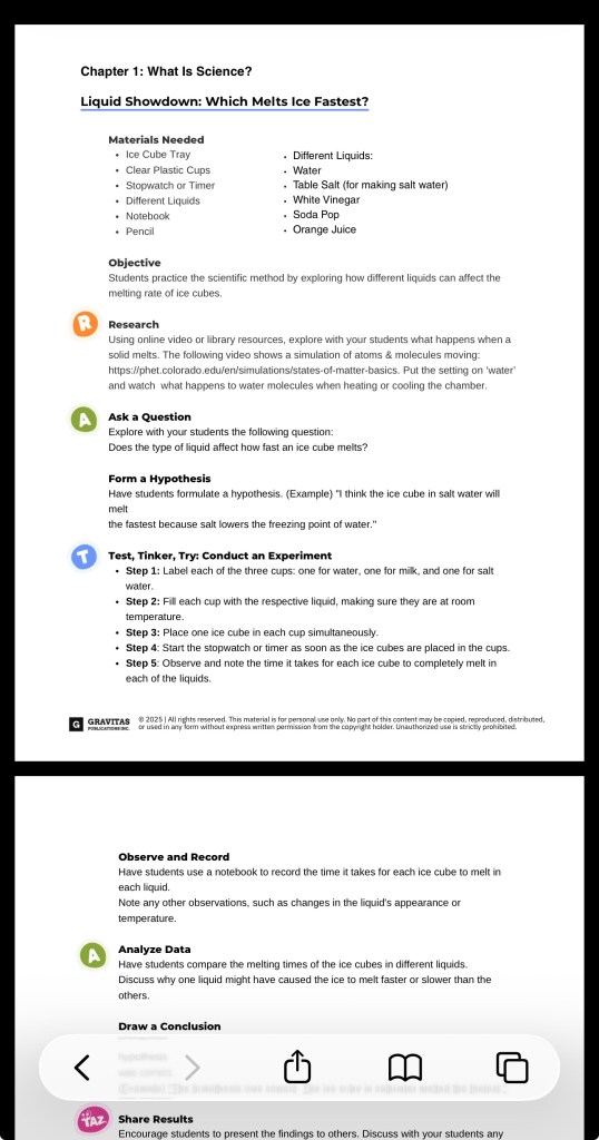 Student lab sheet and instructions for a hands-on homeschool science experiment