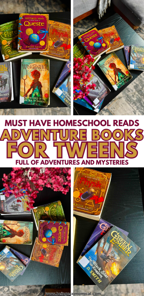 Collection of middle grade fantasy books including The Wingfeather Saga, Green Ember, and Septimus Heap on a black table.