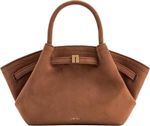 A stylish brown suede handbag with a structured design, featuring a top handle and a gold accent clasp.