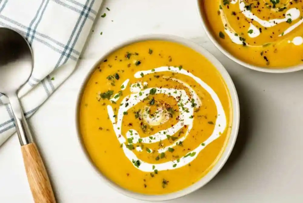 Silky pan-roasted pumpkin soup with caramelized pumpkin flavor topped with a drizzle of cream and fresh herbs served in a rustic bowl