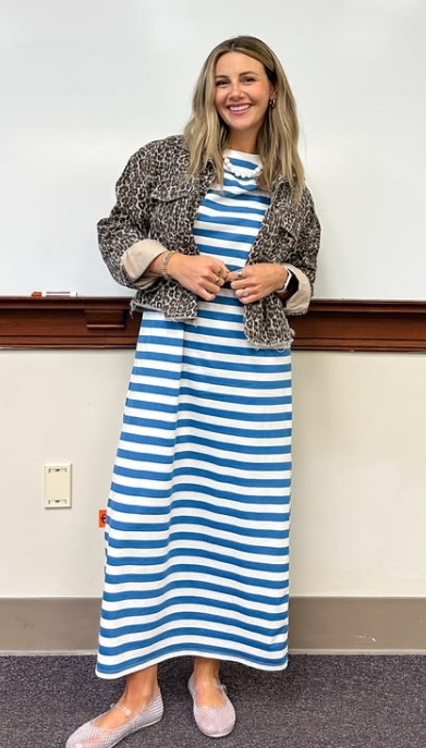 spring teacher outfit with striped dress and jacket