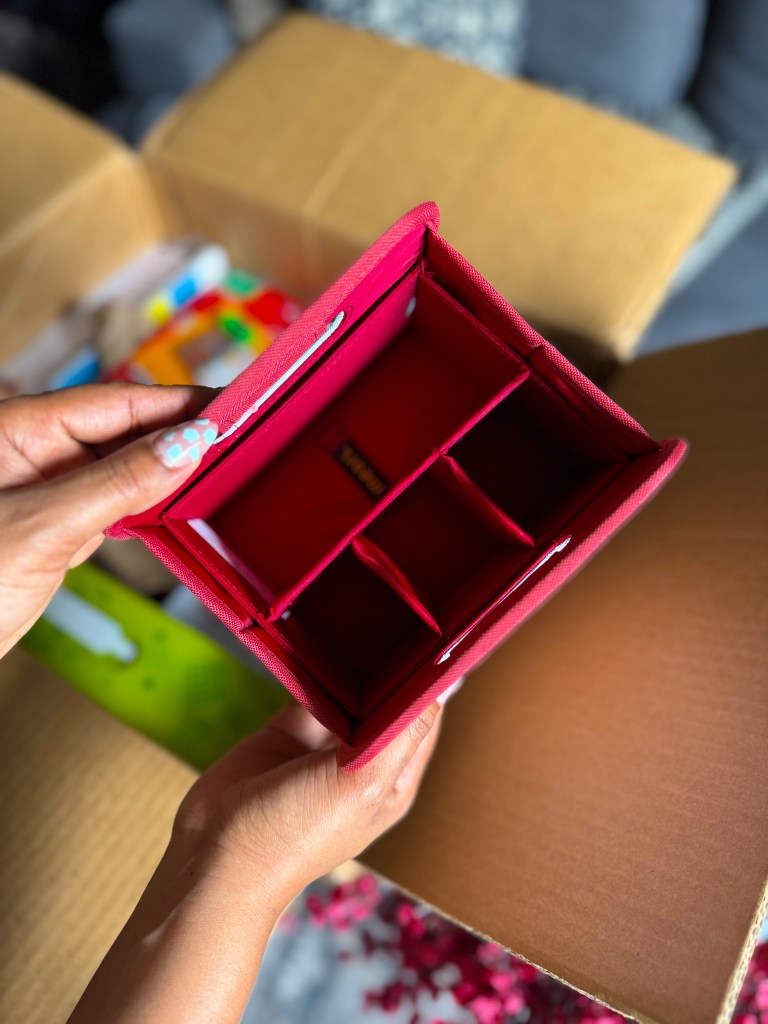 Inside compartments of the Meori Mini Foldable Box for pencils, markers and homeschool supplies.