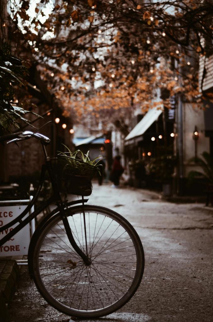 A cozy and atmospheric alleyway lined with fallen autumn leaves, featuring a vintage bicycle with a basket of plants parked beside a sign.