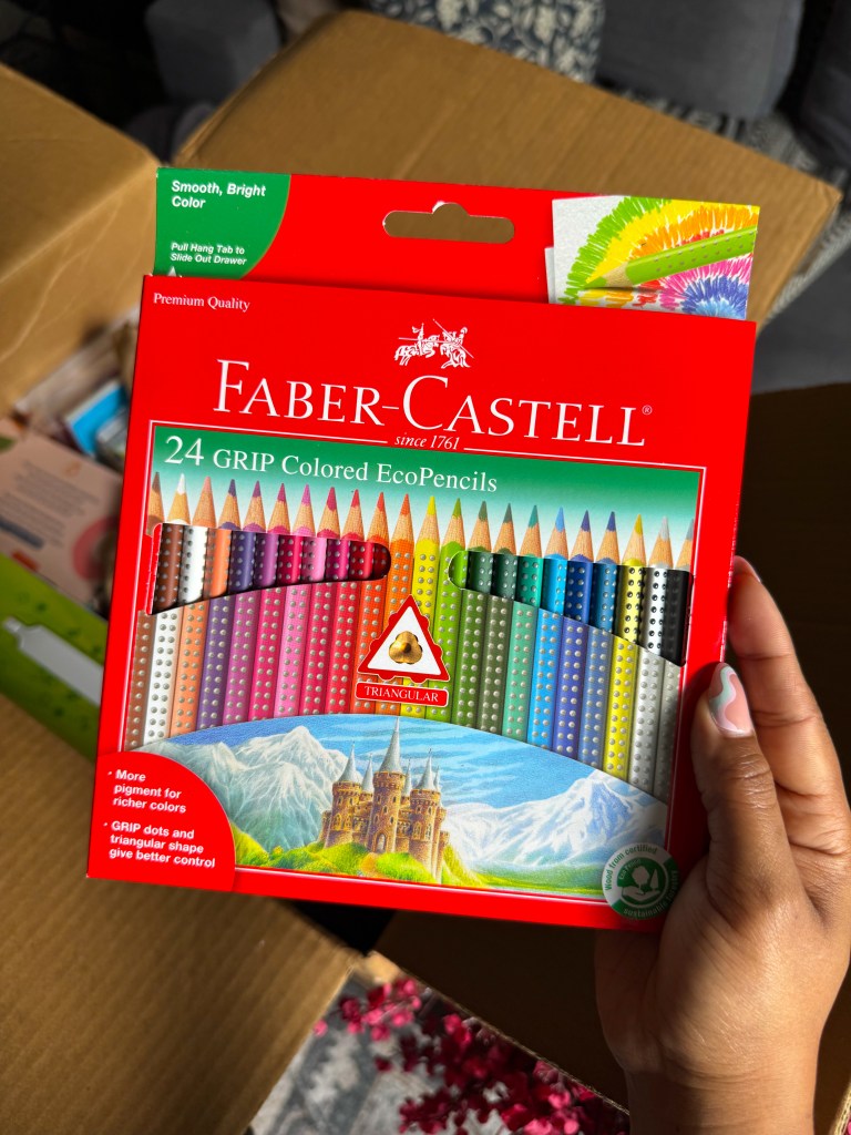 Faber-Castell Grip Colored EcoPencils included with the Timberdoodle Kindergarten art curriculum.