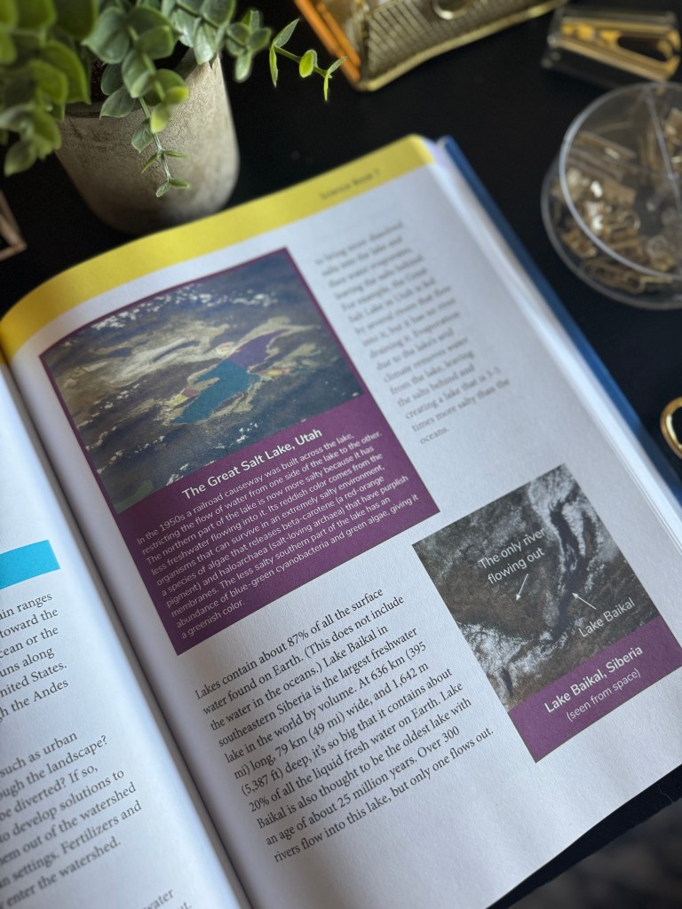 An open textbook page featuring information about the Great Salt Lake in Utah and Lake Baikal in Siberia, accompanied by descriptive text and images of both lakes.