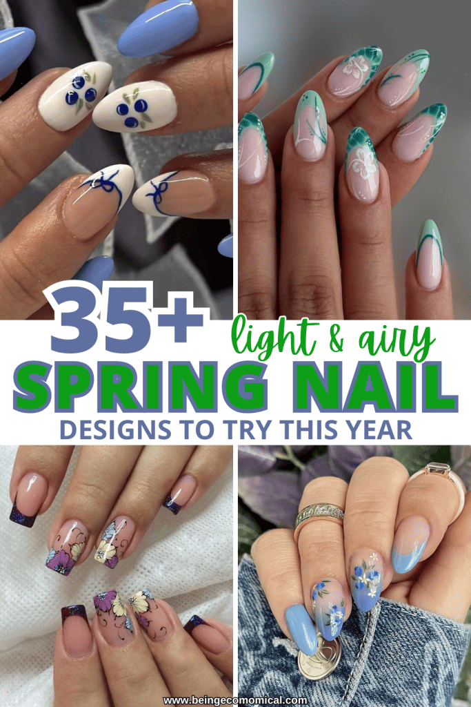 A collage of various spring nail designs featuring light colors and floral patterns, showcasing different styles like blue accents and intricate nail art.